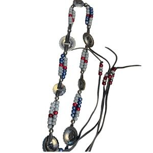 Southwestern Grey Leather Beaded Concho Belt Red White Blue Wrap Tie Waist